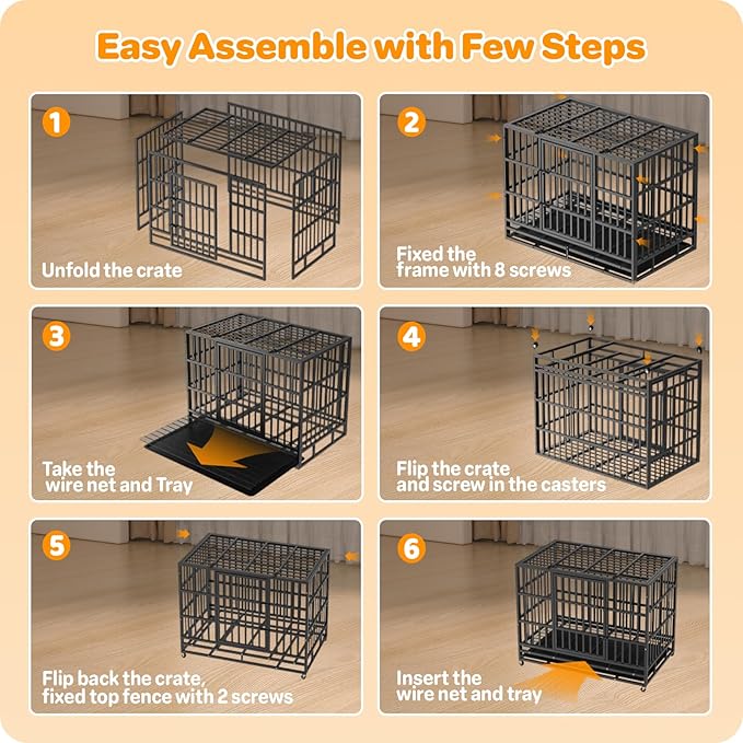 Heavy Duty Dog Crate 78 Inch, Indestructible Dog Crate with Removable Tray, Escape Proof & High Anxiety Dog Kennel Indoor, Metal Dog Cage with Wheels for Large Dogs, XL XXL XXXL