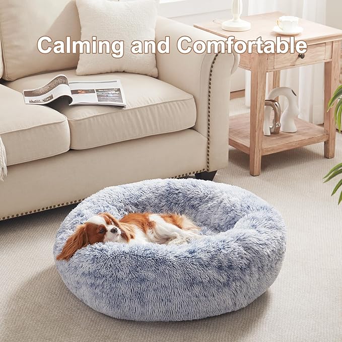 30 inches Donut Dog Bed for Medium Dogs,Calming Fluffy Round Pet Bed with Removable & Washable Cover,Fits up to 45 lbs Pets(Dark Blue,Medium)