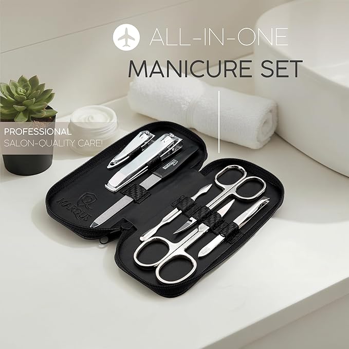 Manicure Set Solingen Made in Germany - 7 Piece Exclusive Finger & Toe Nail Clippers Kit for Women and Men in Vegan Leather Case, Color Carbon