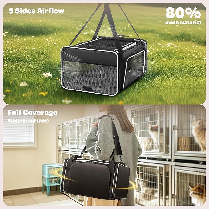 Top and 2 Sides Expandable Large Cat Carrier 18x13.5x9.5, TSA Airline Approved Dog Carriers for Large Dogs, Soft-Sided Pet Carrier with Self-Locking Zippers for Kitten,Rabbit,Puppy, Black White