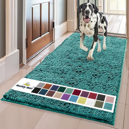 Muddy Mat® Original Dog Door Mat for Muddy Paws, Super Absorbent Microfiber, Non-Slip Washable Pet Rug, Quick Dry Chenille Entryway Carpet, Machine Washable Indoor Outdoor mat, Teal 35"x60"