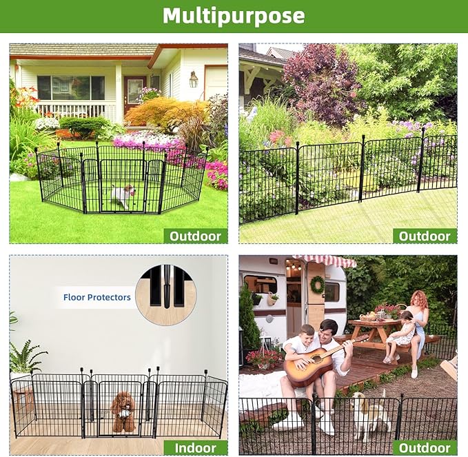 ADAVIN 32 in(H) Garden Fence with Low Threshold Gate, 8 Panels Total 17.7 Ft(L) Tall Garden Fencing for Raised Beds, Outdoor or Indoor Dog Playpen, Black Iron Metal Heavy Duty Dog Fencing