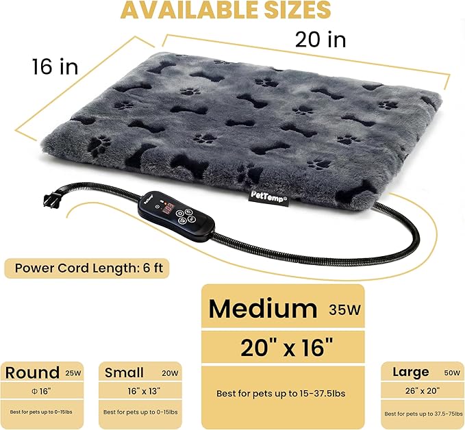 Pet Heating Pad for Cats Dogs, Heated Cat Dog Bed with 5 Temperature Levels, Timer, Auto Shut-Off, Thick Paw-Print Cover, Chew Resistant Cord for Indoor & Sheltered Outdoor Use (M: 20" x 16" x 1.3")