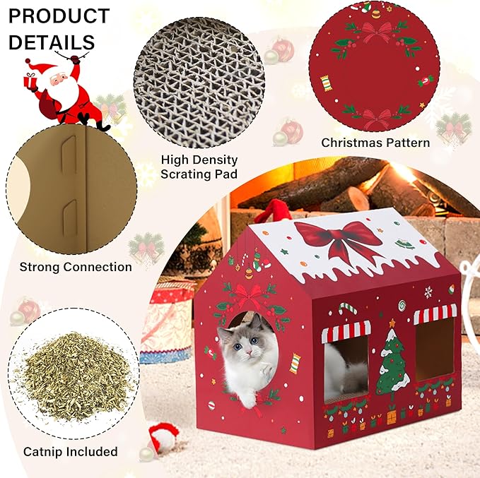 WESTERN HOME Christmas Cardboard Cat House, Indoor Cat Scratcher House (16.5''x12''x15''), Christmas Cats Cardboard Playhouse Hideaway for Small Animals