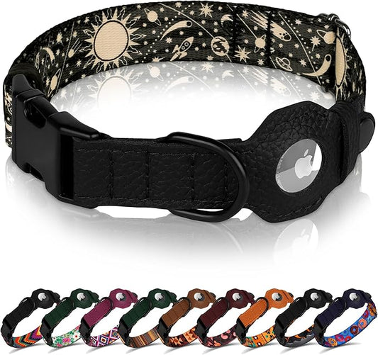 AirTag Dog Collar with Metal Buckle - Printed Nylon Soft Leather Dog Collar with Apple AirTag Holder - Secure Tracking GPS Pet Collars for Girl Boy Small Large Dogs (L, 17"-21" Neck Fit, Space)