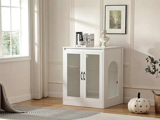 Cat Litter Enclosure with Cat-Observant Glass Doors,Litter Box Cabinet with Cozy LED for Cats,Reversible and Optional Entry(Left or Right),Power Outlet for More Choice, (White)