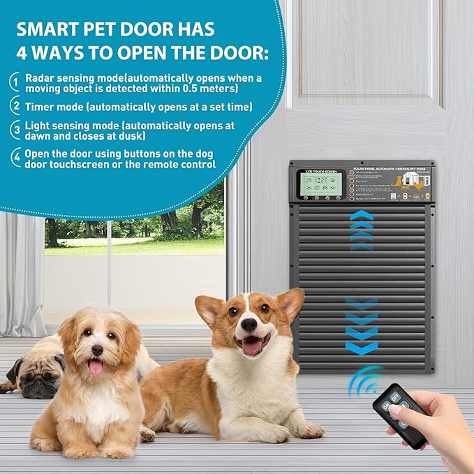 Automatic Pet Door, Dog Door Radar, Timer & Light Sensor Modes, Solar & USB Rechargeable Doggy Door, Durable Aluminum, Weatherproof, 10"×13", 24/7 Operation for Small Pets Up to 45 lb (Black)