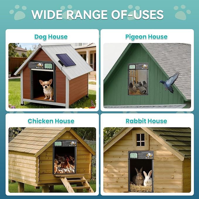 Solar Powered Automatic pet Door, LCD Display, Timer, Light Sensor, Remote Control, 6000mAh Battery, 4 Operation Modes