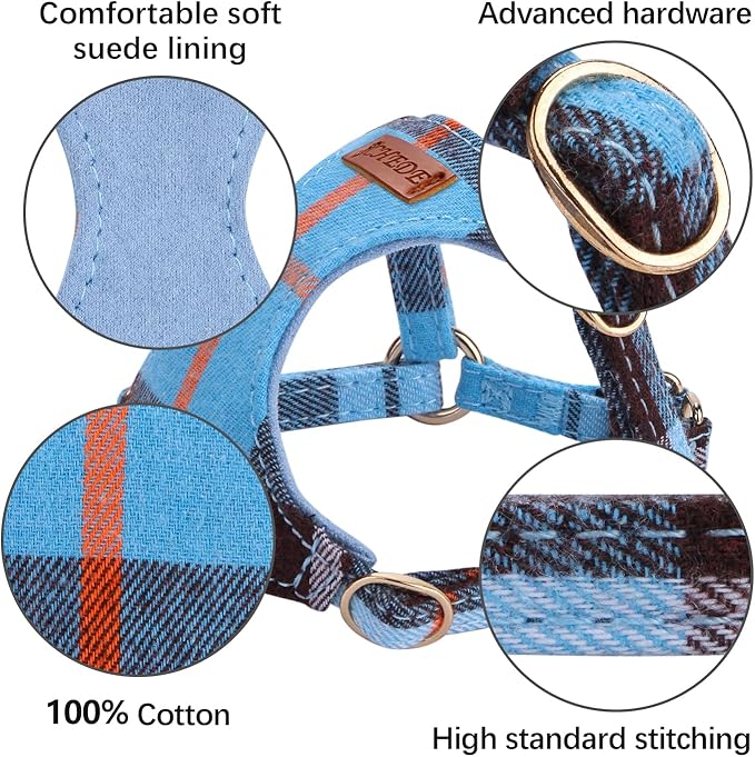 CHEDE No Pull Puppy Harness and Multifunction Dog Leash Set- 8 Colors Soft Adjustable No Choke Escape Proof Cute,Lightweight Pet Vest Harness for Small and Medium Dog (S, Blue Grid)