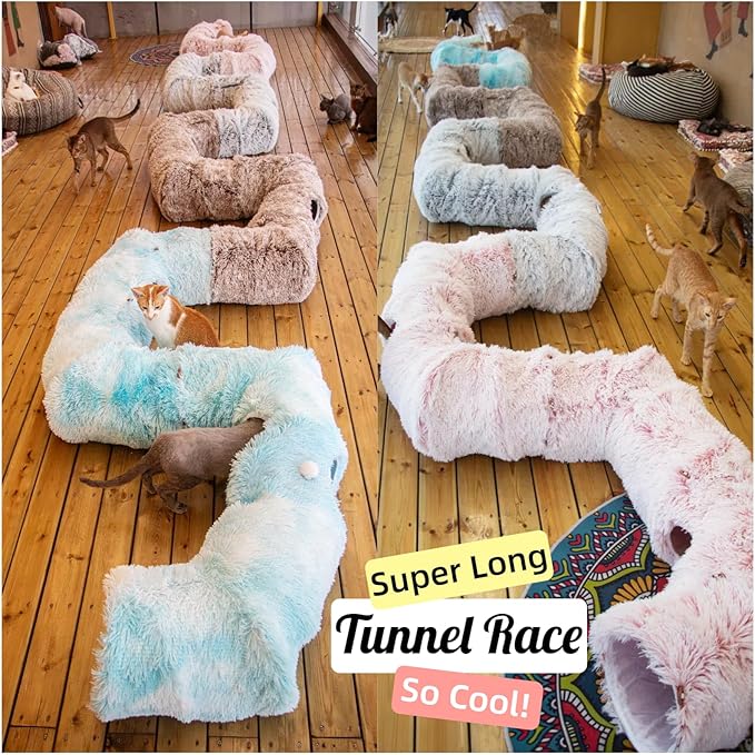 XxingSheep 4 Cave Shuttled XL Cat Tunnel Bed for Indoor Cats Peekaboo Toy Donut with Warm Mat, White