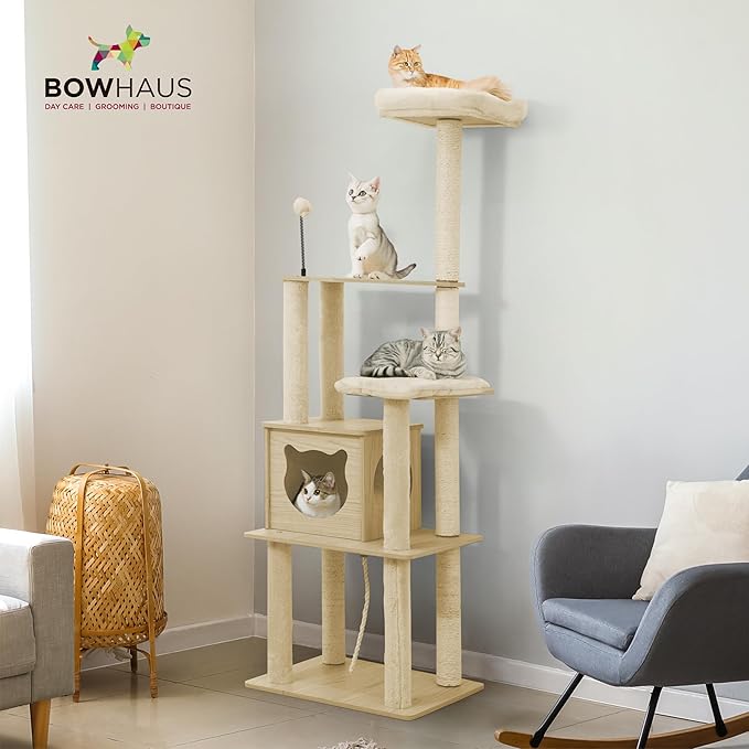 65” Wooden Cat Tree Tower for Indoor Large Cats & Kittens, Modern Tall Cat Climbing Tree w/Cave Condo, Scratching Posts, Perch, Multi-Level Cat Tower w/Interactive Toy & Detachable Cushion