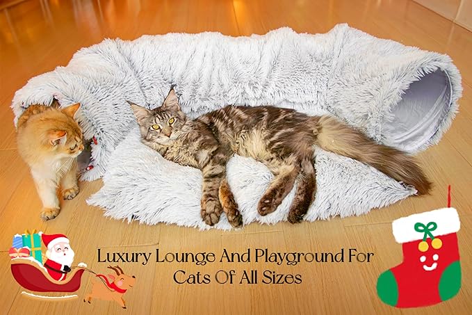 XxingSheep Extra Large Cat Tunnel Bed for Indoor Cats Peekaboo Cat Cave Donut with Center Mat