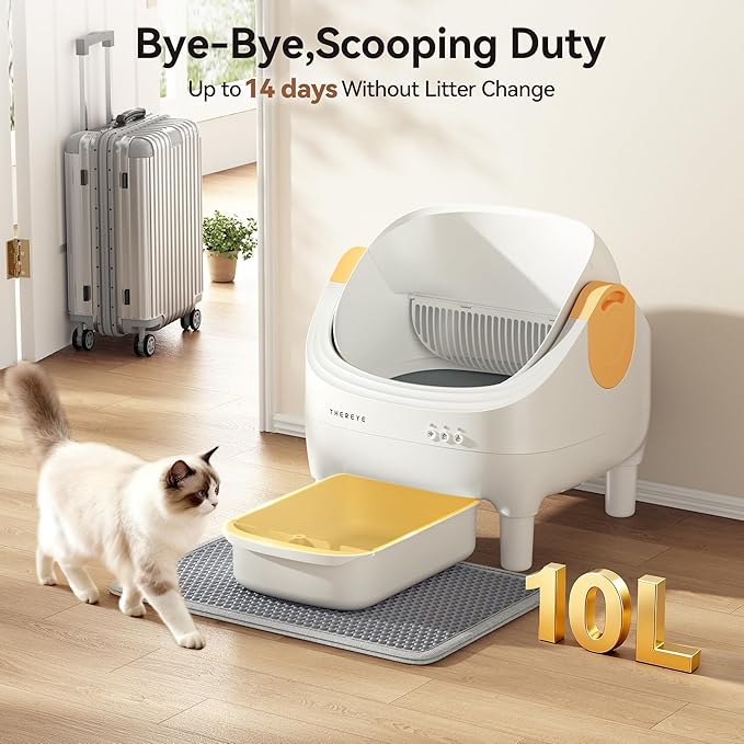 Thereye Self Cleaning Cat Litter Box, Open-Top Automatic Litter Box with Smart App and Safety Sensors, Large Auto Litter Box for Multiple Cats, 10L Waste Bin with Odor Control, Includes Trash Bag