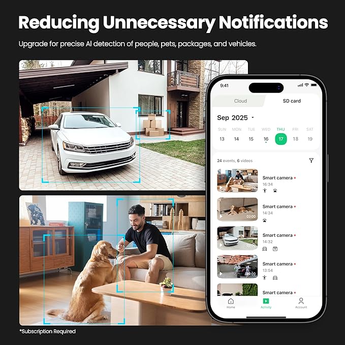 2K Security Camera Indoor/Outdoor, Pet Camera, Baby Monitor, Magnetic Mount, AI Detection, Color Night Vision, SD & Cloud Storage, Works with Alexa, 10FT Extra-Long Cable