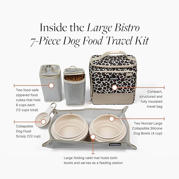 Large 7-Piece Bistro Box Dog Food Travel Kit, 12-Cup Kibble Storage, 2 Silicone Bowls, Mat & Scoop - Premium Portable Pet Food Kit for Weekends, Overnights, Daycare & Camping, Leopard