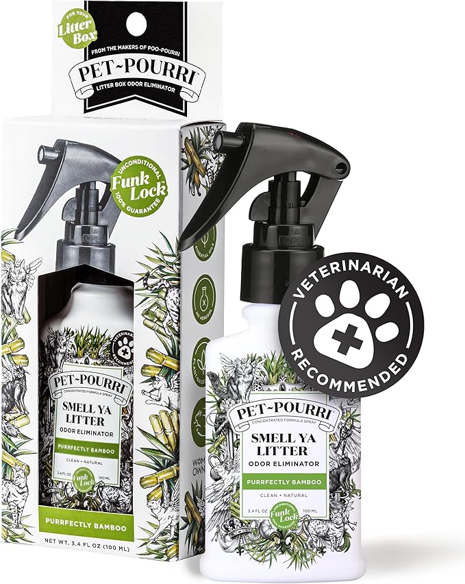 Pet-Pourri Smell Ya Litter Cat Litter Deodorizer Spray, Purrfectly Bamboo 3.4 Fl Oz, Up to 170 Uses, Pet Odor Remover with Essential Oils for Air, Carpet, Urine, Vet Recommended, Bergamot Bamboo Scent