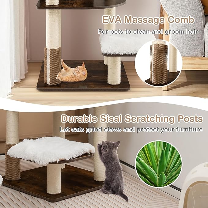 PETSITE Tall Cat Tree for Indoor Cats, 71 Inches Multi-Level Modern Cat Tower with Plush Perch, Cozy Condo, Platforms, Sisal Scratching Posts, EVA Massage Comb & Removable Cushions (Brown)