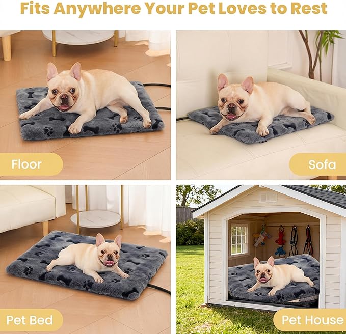 Pet Heating Pad for Cats Dogs, Heated Cat Dog Bed with 5 Temperature Levels, Timer, Auto Shut-Off, Thick Paw-Print Cover, Chew Resistant Cord for Indoor & Sheltered Outdoor Use (M: 20" x 16" x 1.3")