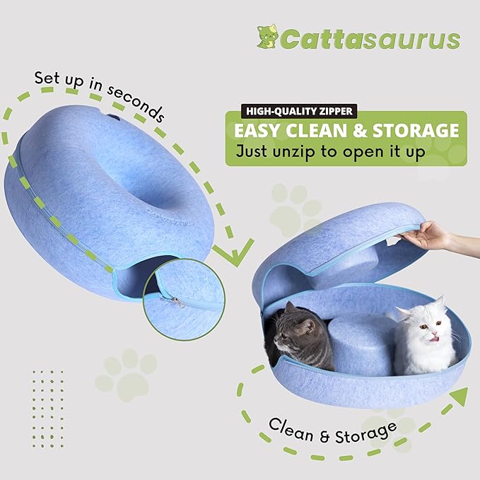 Cattasaurus Peekaboo Cat Cave Donut for Multiple & Large Cats up to 30-45 lbs, 3-in-1 Self Warming Cat Bed, Tunnel & Scratcher for Indoor Cats, Washable & Detachable Small Dog Bed (Blue, Large)