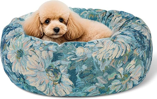 Dog Calming Beds for Small Medium Large Dogs - Round Donut Washable Puppy Dog Bed, Anti-Slip Faux Fur Fluffy Donut Cuddle Anxiety Cat Pet Bed (24" Flower)