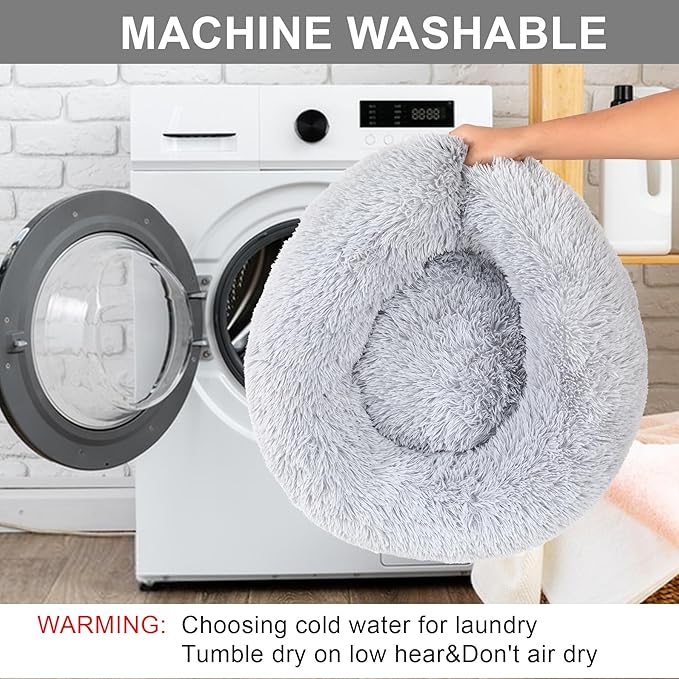 Dog Calming Beds for Small Medium Large Dogs - Round Donut Washable Dog Bed, Anti-Slip Faux Fur Fluffy Donut Cuddler Anxiety Cat Bed(36" Light Gray)