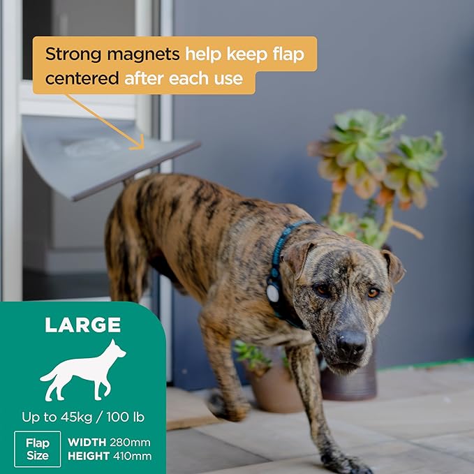 Hakuna Pets V2 Patio Pet Door Screen Insert Panel for Sliding Doors, Fits Door Track Min Ht 62.99" to Max Ht 84.25",UV Resistant Mesh, Locking Magnetic Dog Door, Easy Install and Removal,Large,Silver