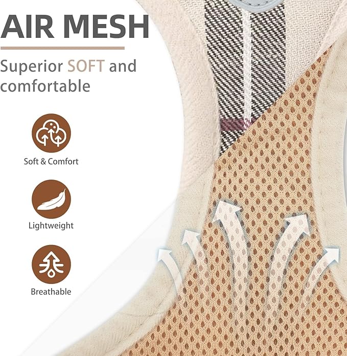 PUPTECK Adjustable Dog Harness Collar and Leash Set Step in No Pull Pet Harness for Small Medium Dogs Puppy and Cats Outdoor Walking Running, Soft Mesh Padded Reflective Vest Harnesses, Beige S