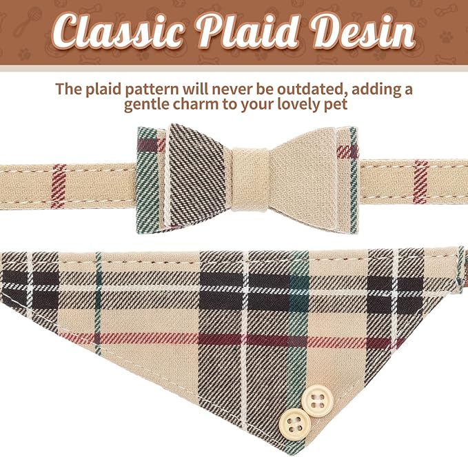 BINGPET Bow Tie Dog Collar with Leash Set - Cute Adjustable Classic Plaid Dog Bandana Collar with Bell, Fit for Small Dogs, Puppies and Cats Outdoor Walking