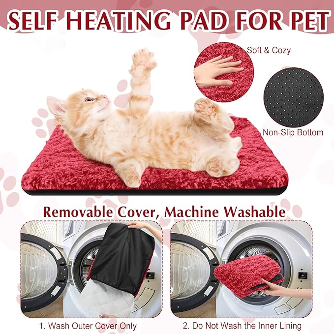 4 Pack Self Warming Cat Pads Self Heating Cat Mat Washable Homeless Dogs Thermal Pads Kennel Pad Reflects Body Heat Warm Crate Bed Mat for Indoor Outdoor Pet(Red,16 x 20 Inch)