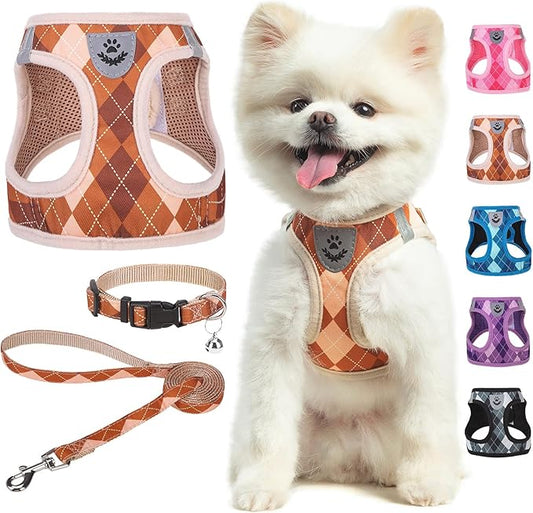 SCENEREAL Fall Thanksgiving Small Dog Harness and Leash Collar Set, Step in No Pull Plaid Puppy Harness for Small Dogs Outdoor Walking, Soft Mesh No Chock Reflective Vest Harness, Brown XS