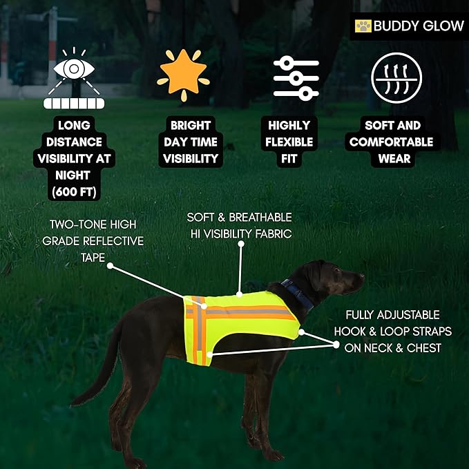 Reflective Dog Vest. High Visibility Yellow Safety Vest for Outdoors. Safeguard Your Dog with Easy to wear Adjustable and Breathable Reflective Gear (Large)