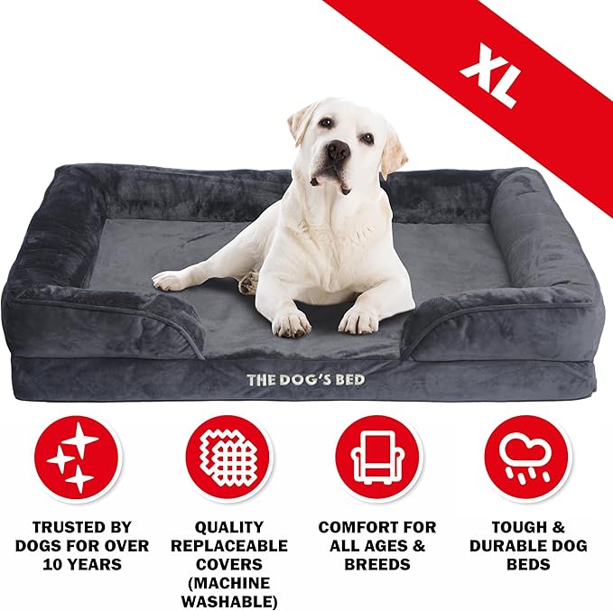 The Dog’s Bed, Orthopedic Standard Foam Waterproof Dog Bed with Standard Support, XL Grey Plush, Waterproof, Supportive Dog Bed with Replaceable Covers, Veterinary Approved