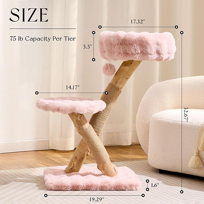 Solid Wood Cat Tree, Modern Cat Tree Tower for Large Indoor Cats, Natural Real Pear Wooden Aesthetic Cat Condo with Scratching Post for Adult Kittens-Pink