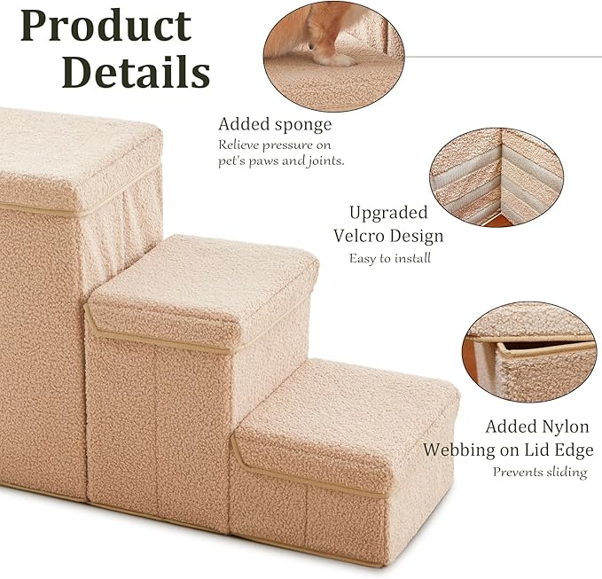 Dog Stairs with Storage, 3-Step Sturdy Dog Steps for Small Medium or Large Older Dogs Cats, Folding Pet Stairs Climbing Sofas, high beds, Windows and Cars (Beige, No Condo,16.7" H)