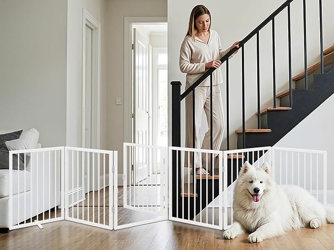 Vantas Folding No-Assembly Metal Pet Gate 120" Wide, 24" Extra Tall Dog Gate with Door Walk Through, Freestanding Accordion Puppy Gate Dog Door for Indoor & Outdoor, with 2PCS Support - White
