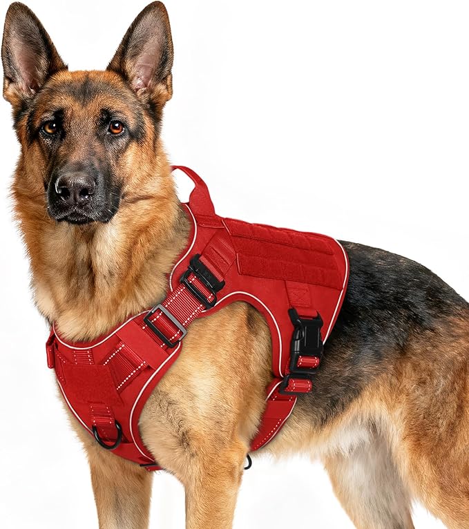 rabbitgoo Tactical Dog Harness for Large Dogs, No Pull Upgraded Reflective Heavy Duty Molle Vest with Handle, Adjustable Military Service Dog Vest for Walking Hiking Training, Red, XL