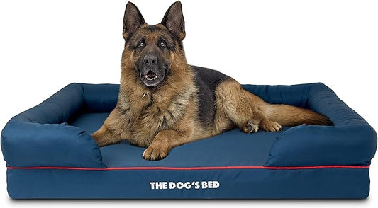 The Dog’s Bed Orthopedic Dog Bed XL Oxford Blue with Red Trim, Memory Foam, Pain Relief: Arthritis, Post Surgery, Lameness, Supportive, Waterproof Washable Cover