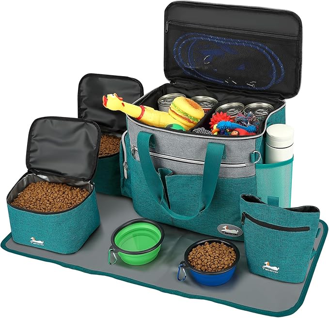 Dog Travel Bag for Pet Kit for Supplies with 2 Food Storage Containers 2 Collapsible Bowls 1 Feeding Mat 1 Dog Treat Pouch 7-Piece Set Perfect Road Trips Camping Weekend or Doggy Gift, Teal