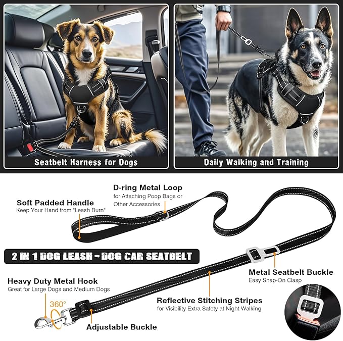 Tactical Dog Harness and Leash Set Small Sized Dog,Heavy Duty No Pull Service Dog Vest and 10 Patches with Dog Seat Belt,Reflective Adjustable Pet Harness for Training Walking Hiking Black S