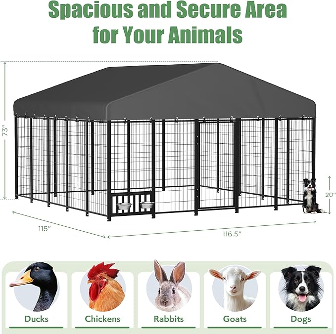 Heavy Duty Outdoor Dog Kennel for Yard, 10x10 Large Steel Chain Link Fence with Roof, Dog Run Enclosure with Feeding Bowl & Self-Locking Latch