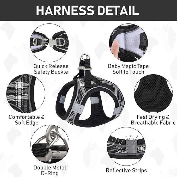 GAMUDA Small Dog Harness Collar and Leash Set, Step in No Chock No Pull Soft Mesh Adjustable Dog Vest Harnesses Plaid Reflective for Dogs Puppy Cats Kitten Rabbit (Black, XXS)