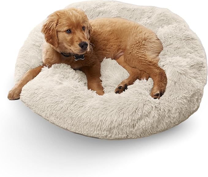 Active Pets Premium Small Donut Dog Bed, Fits Up to 45 lbs, Removable Cover & Washable Cushion, Plush Long Pile Faux Fur Fabric, Portable Beige Pet Bed Furniture for Puppies Adult Canines & Cats
