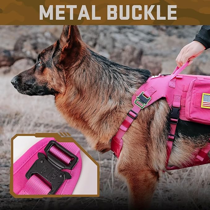 Forestpaw Pink Tactical Dog Harness for Large Dogs,Tactical Dog Collar with Bungee Leash Set,No Pull Military Dog Harness for Walking Training,Adjustable for Medium Large Dogs,Chest 21.5-45"