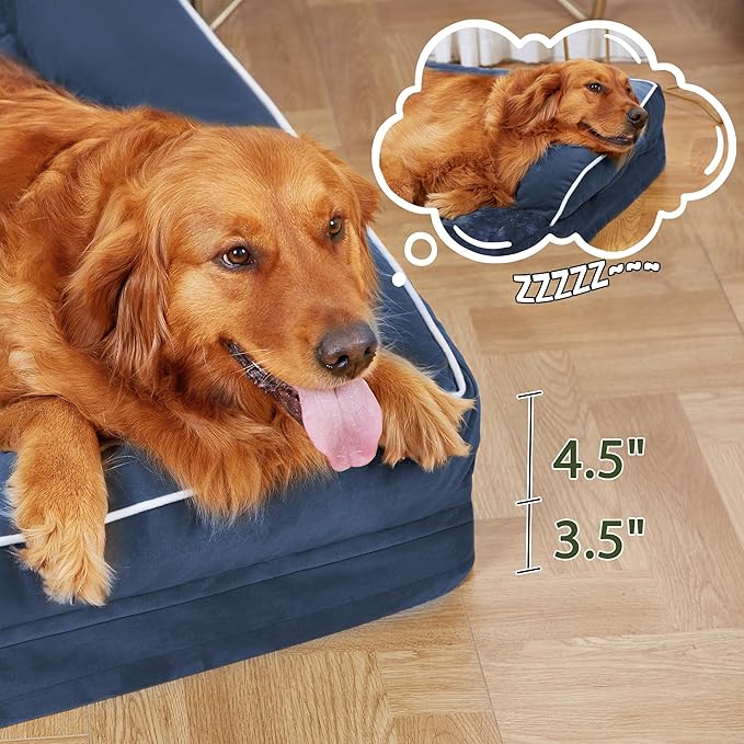Orthopedic Dog Beds for Large Sized Dogs, Waterproof Egg Crate Foam Large Dog Couch Beds with Comfy Bolster 36x27Inch, Washable Pet Beds with Removable Cover and Nonskid Bottom, Navy Blue
