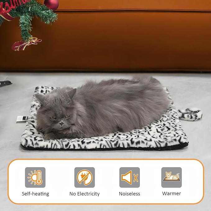 Self Warming Cat Bed Pad, Thermal Non Electric Heating Mat for Cats and Small Dogs, Washable Self Heating Pet Blanket with No Slip Hook, Soft Indoor Outdoor Bed Pad, 22x18 in, Black White
