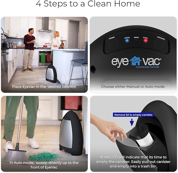 EyeVac Home Touchless Vacuum Automatic Dustpan - Great for Sweeping Pet Hair Food Dirt Kitchen - Ultra Fast & Powerful, No More Bending Down, Bagless, Corded, Automatic Sensor, 1000 Watt (Matte Black)