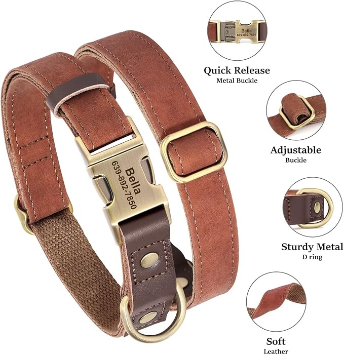 Personalized Dog Collars, Custom Soft PU Leather Dog Collar with Pet Name and Phone Number for Large Dogs, Adjustable and Durable Pet Collars with Quick Release Metal Buckle,L(15-23")