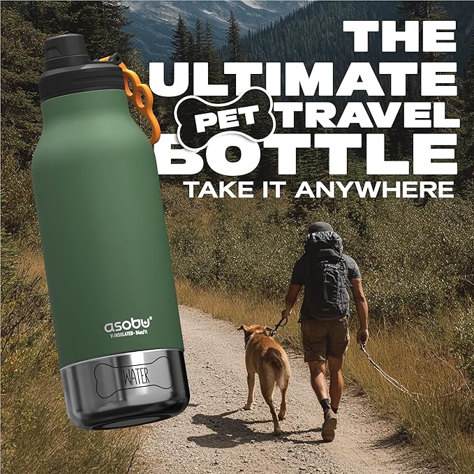 Asobu Dog Barky Bottle – Insulated Stainless Steel Water Bottle with 2 Removable Dog Bowls for Food, Treats & Water – Pet-Friendly Travel Bottle for Hiking, Road Trips & Outdoor Adventures