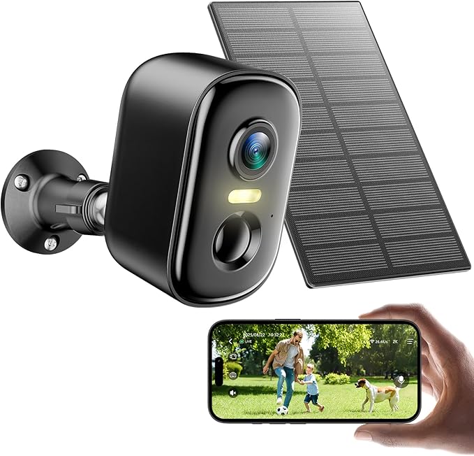 Solar Security Camera Wireless Outdoor, 2K Cameras for Home Security Outside with AI Motion Detection, Color Night Vision, Two-Way Talk, IP66 Weatherproof, 2.4GHz Wi-Fi, Cloud/SD Storage
