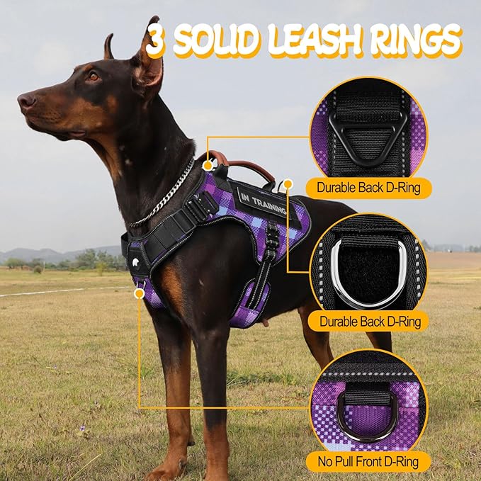 Service Dog Harness - Full Metal Buckles Dog Vest for Medium Large Dogs, Reflective No Pull with Leather Handle, Hook & Loop for Hiking Training (Purple, M)